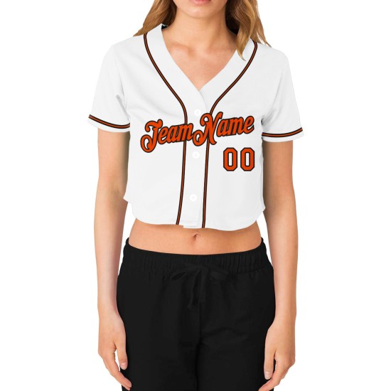 Beschnittenes Baseball Custom Damen Weiß Jersey Orange-Schwarz V-Ausschnitt Beschnittenes Baseball Custom Damen Weiß Jersey Orange-Schwarz V-Ausschnitt