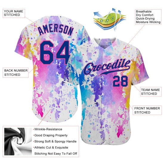Benutzerdefiniertes weißes Royal-Pink 3D-Muster-Design Aquarell Authentic Baseball Jersey Benutzerdefiniertes weißes Royal-Pink 3D-Muster-Design Aquarell Authentic Baseball Jersey