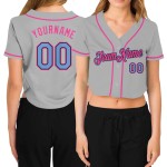 Leichte Damen Schwarz-Rosa Blau Grau Baseball Cropped Jersey Custom V-Ausschnitt Leichte Damen Schwarz-Rosa Blau Grau Baseball Cropped Jersey Custom V-Ausschnitt