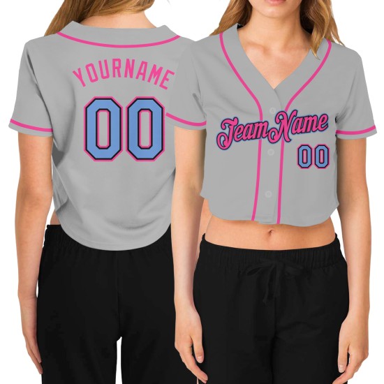 Leichte Damen Schwarz-Rosa Blau Grau Baseball Cropped Jersey Custom V-Ausschnitt Leichte Damen Schwarz-Rosa Blau Grau Baseball Cropped Jersey Custom V-Ausschnitt