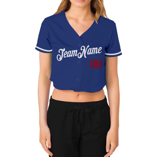 V-Ausschnitt Jersey Baseball Damen Royal Weiß-Rot Cropped Custom V-Ausschnitt Jersey Baseball Damen Royal Weiß-Rot Cropped Custom
