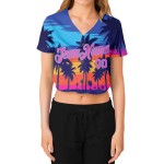 Bäume Custom Royal Hawaii Jersey 3D Damen Pink-Light Cropped V-Ausschnitt Blau Palm Baseball Bäume Custom Royal Hawaii Jersey 3D Damen Pink-Light Cropped V-Ausschnitt Blau Palm Baseball