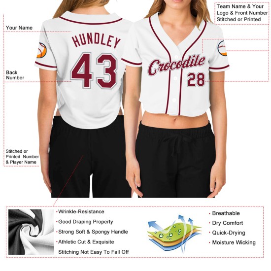 Beschnittenes Baseballtrikot für Damen mit V-Ausschnitt, Weiß, Karminrot und Grau Beschnittenes Baseballtrikot für Damen mit V-Ausschnitt, Weiß, Karminrot und Grau